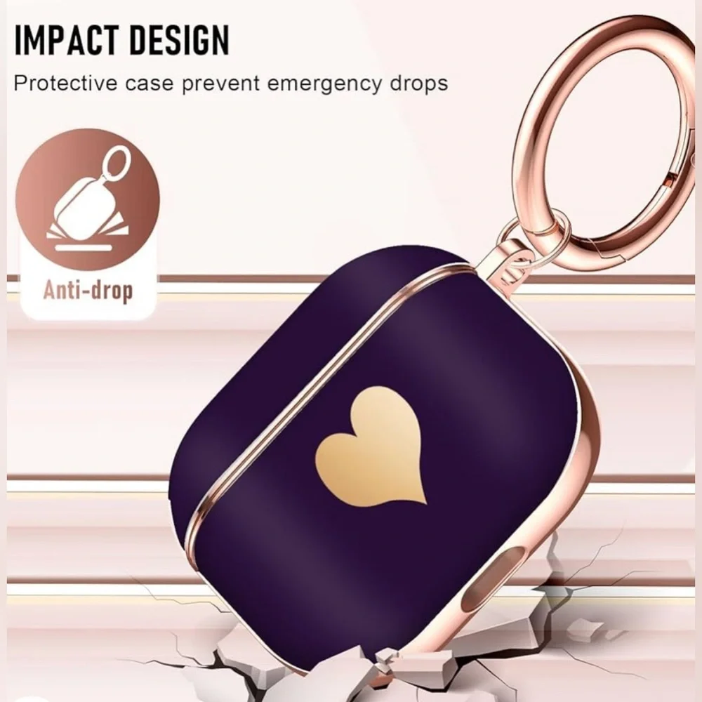 Dark Purple with Gold Heart Pattern & Lanyard Shockproof Case for AirPods